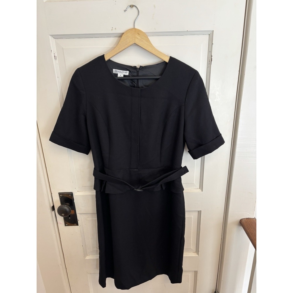 Pendleton Women's Black Virgin Wool Sheath Dress Belted Peplum Lined Size 8